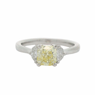 1.03ct Fancy Yellow VS1 Cushion Cut Solitaire Diamond Ring with Half Moon Diamond Sides in Platinum