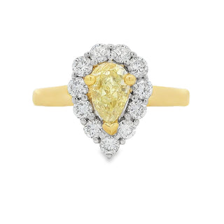 0.68ct Fancy Yellow SI1 Pear Cut Diamond Halo Engagement Ring in 18ct Yellow Gold