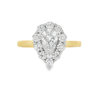 0.50ct E VVS2 Pear Cut Halo Diamond Engagement Ring in 18ct Yellow Gold