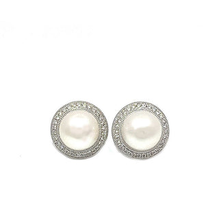 Pearl and Diamond Cluster Stud Earrings in 14ct White Gold