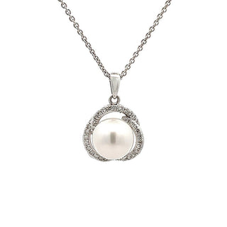 Pearl and Diamond Fancy Cluster Pendant in 14ct White Gold on 9ct White Gold Trace Chain