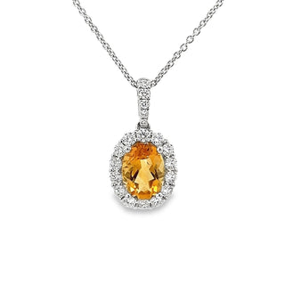 Citrine and Diamond Oval Cluster Pendant in 18ct White Gold on 9ct White Gold Trace Chain