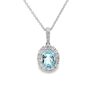 Blue Topaz and Diamond Oval Cluster Pendant in 18ct White Gold on 9ct White Gold Trace Chain