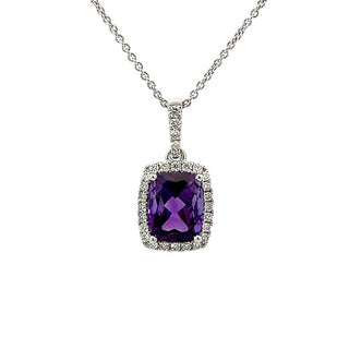 Amethyst and Diamond Emerald Shaped Cluster Pendant in 18ct White Gold on 9ct White Gold Trace Chain