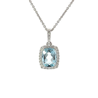 Blue Topaz and Diamond Emerald Shaped Cluster Pendant in 18ct White Gold on 9ct White Gold Trace Chain