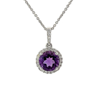 Amethyst and Diamond Round Cluster Pendant in 18ct White Gold on 9ct White Gold Trace Chain