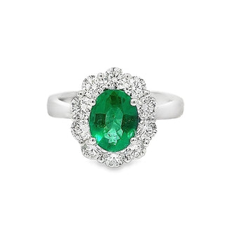 Emerald and Diamond Oval Cluster Ring in Platinum