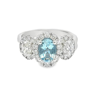 Aquamarine and Diamond Three Stone Oval Cluster Ring in 18ct White Gold