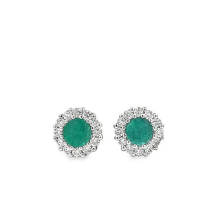 Emerald and Diamond Round Cluster Stud Earring in 18ct White Gold