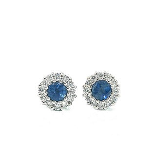 Sapphire and Diamond Round Cluster Stud Earring in 18ct White Gold