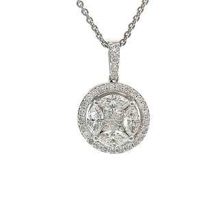 0.97ct Invisible Set Round Halo Diamond Pendant in 18ct White Gold on 9ct White Gold Trace Chain