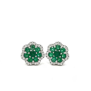 Emerald and Diamond Flower Cluster Earrings in 18ct White Gold