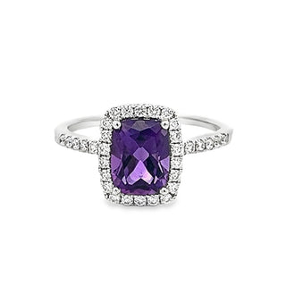 Amethyst and Diamond Emerald Shaped Cluster Ring in 18ct White Gold