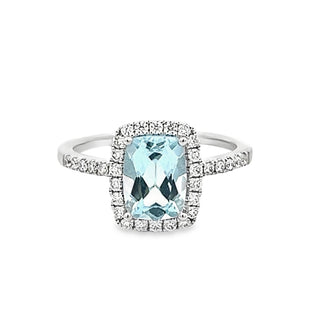 Blue Topaz and Diamond Emerald Shaped Cluster Ring in 18ct White Gold