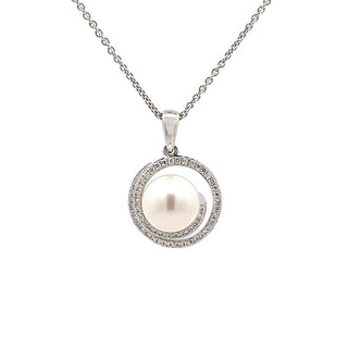 Pearl and Diamond Spiral Pendant in 14ct White Gold on 9ct White Gold Trace Chain