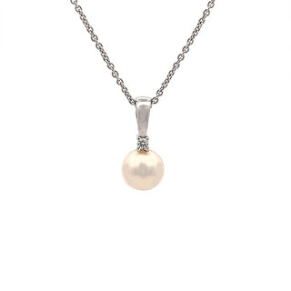 Pearl and Diamond Drop Pendant in 9ct White Gold on 9ct White Gold Trace Chain