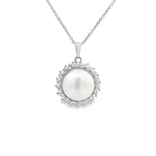 Freshwater Pearl and Cubic Zirconia Large Halo Necklet in Silver