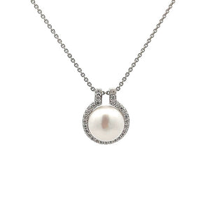 Freshwater Pearl and Cubic Zirconia Fancy Pendant in Silver on Silver Trace Chain