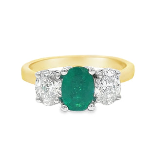 Emerald and Diamond Three Stone Oval Ring in 18ct Yellow Gold