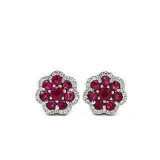 Ruby and Diamond Flower Cluster Earrings in 18ct White Gold