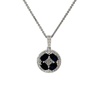 Sapphire and Diamond Fancy Cluster Pendant in 18ct White Gold on 9ct White Gold Trace Chain