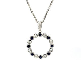 Sapphire and Diamond Bezel Set Circle Pendant in 14ct White Gold on 9ct White Gold Trace Chain