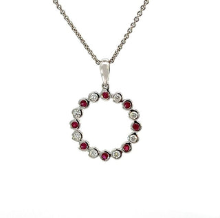 Ruby and Diamond Bezel Set Circle Pendant in 14ct White Gold on 9ct White Gold Trace Chain