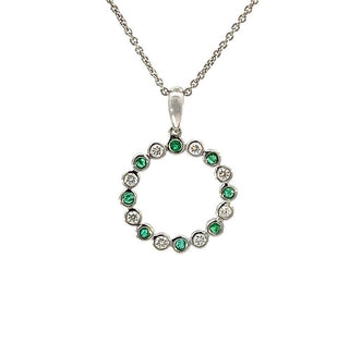 Emerald and Diamond Bezel Set Circle Pendant in 14ct White Gold on 9ct White Gold Trace Chain