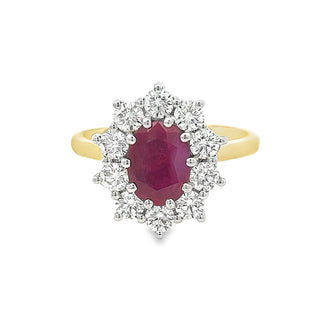 Ruby and Diamond Oval Cluster Ring in 18ct Yellow Gold