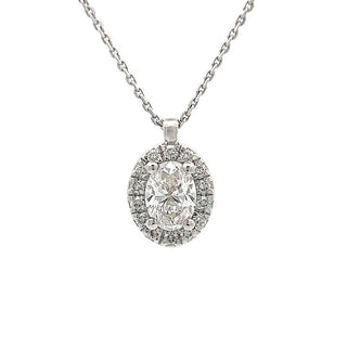 Oval Cut Diamond Halo Pendant in 18ct White Gold on 9ct White Gold Trace Chain