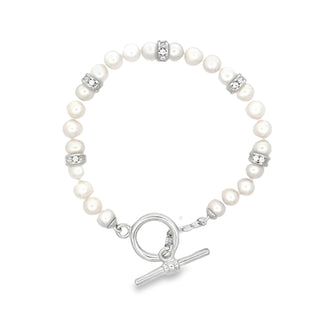 Freshwater Pearl & Cubic Zirconia Bracelet with Toggle Clasp in Silver