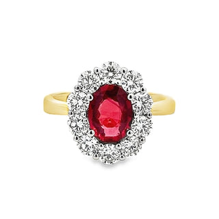 Ruby and Diamond Oval Cluster Ring in 18ct Yellow Gold