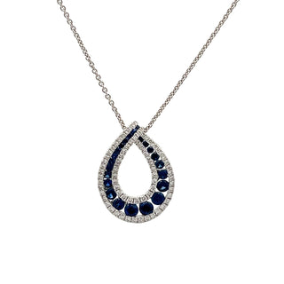 Sapphire and Diamond Pear Shaped Open Pendant in 18ct White Gold on 9ct White Gold Trace Chain