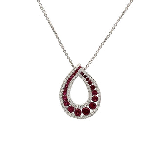 Ruby and Diamond Pear Shaped Open Pendant in 18ct White Gold on 9ct White Gold Trace Chain