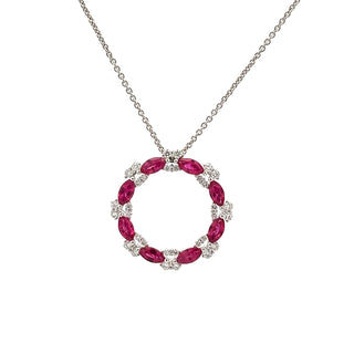 Ruby and Diamond Circle Pendant in 18ct White Gold on 9ct White Gold Trace Chain