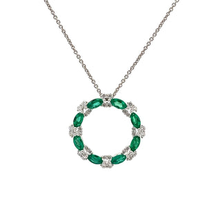 Emerald and Diamond Circle Pendant in 18ct White Gold on 9ct White Gold Trace Chain