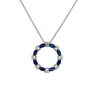 Sapphire and Diamond Circle Pendant in 18ct White Gold on 9ct White Gold Trace Chain