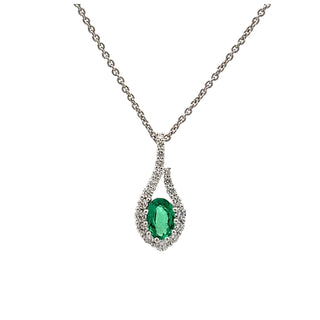 Emerald and Diamond Fancy Pear Shaped Cluster Pendant in 18ct White Gold on 9ct White Gold Trace Chain