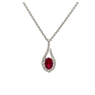 Ruby and Diamond Fancy Pear Shaped Cluster Pendant in 18ct White Gold on 9ct White Gold Trace Chain