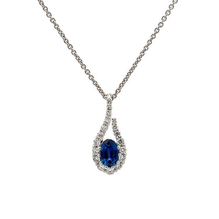 Sapphire and Diamond Fancy Pear Shaped Cluster Pendant in 18ct White Gold on 9ct White Gold Trace Chain