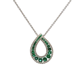 Emerald and Diamond Pear Shaped Open Pendant in 18ct White Gold on 9ct White Gold Trace Chain