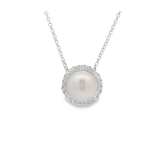 Freshwater Pearl and Cubic Zirconia Round Halo Necklet in Silver