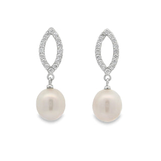 Freshwater Pearl and Cubic Zirconia Marquise Shaped Drop Earrings in Silver