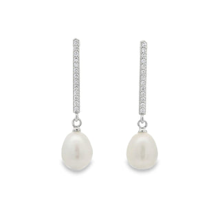 Freshwater Pearl and Pave Set Cubic Zirconia Drop Earrings in Silver