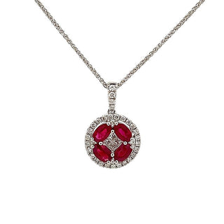 Ruby and Diamond Fancy Cluster Pendant in 18ct White Gold on 18ct White Gold Spiga Chain