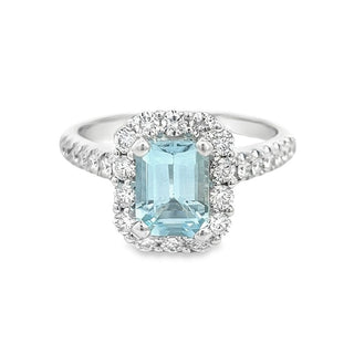 Aquamarine and Diamond Emerald Cut Cluster Ring in Platinum