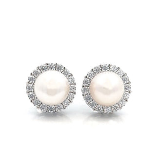 Freshwater Pearl and Cubic Zirconia Round Halo Stud Earrings in Silver