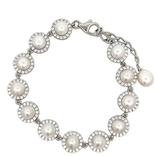 Freshwater Pearl and Cubic Zirconia Halo Bracelet in Silver