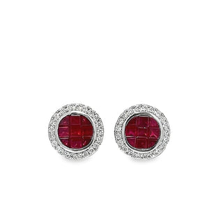 Ruby and Diamond Round Cluster Stud Earrings in 18ct White Gold