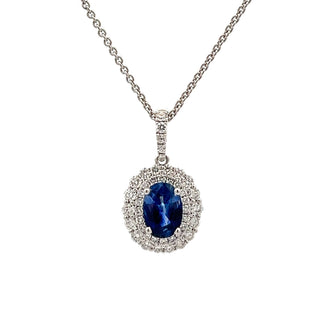 Sapphire and Diamond Oval Cluster Pendant in 18ct White Gold on 9ct White Gold Trace Chain